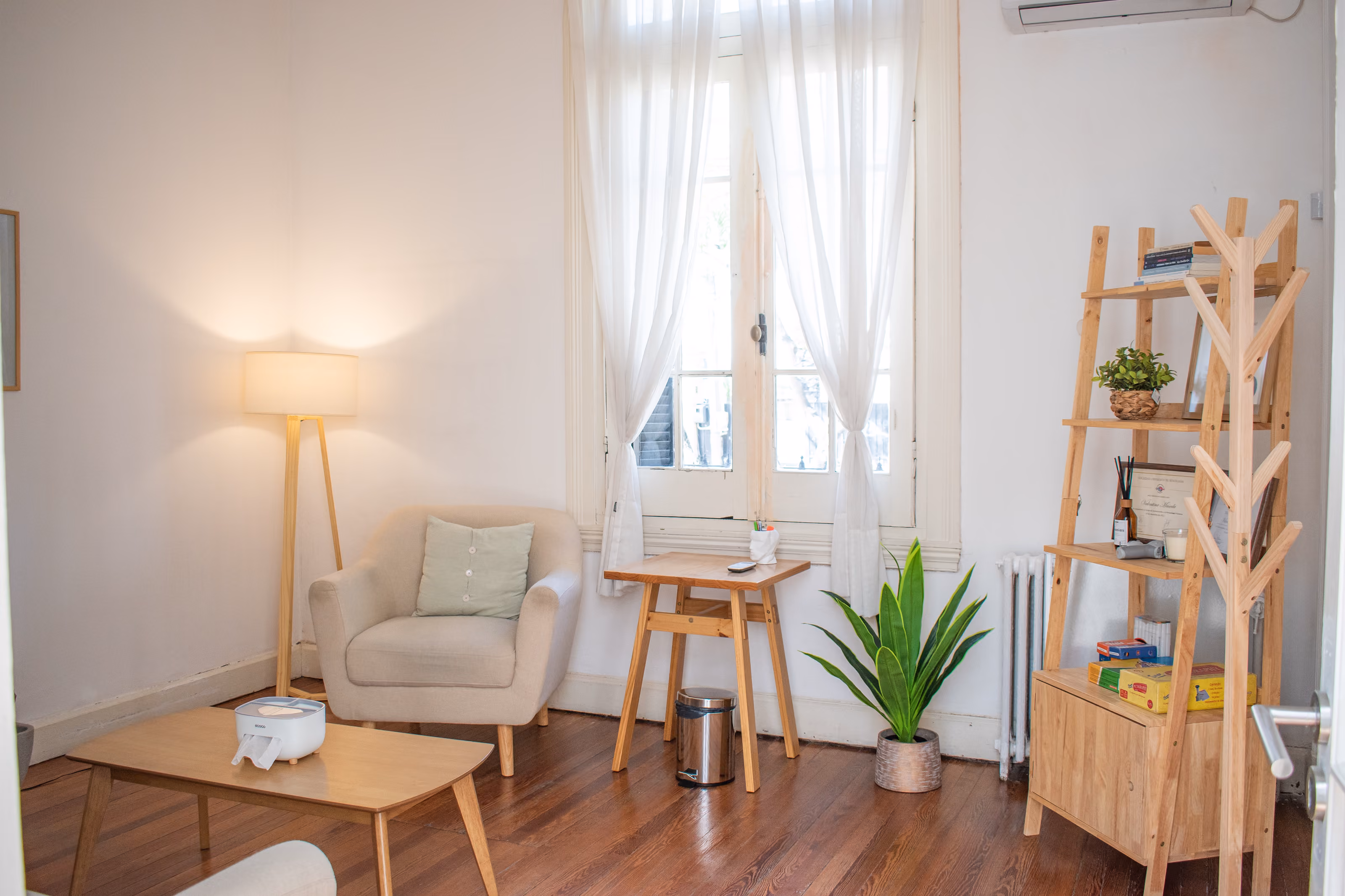 Consultorio 02: sillón de atención junto a una lámpara de pie encendida, escritorio bajo la ventana y estantería escalera con libros y plantas.
