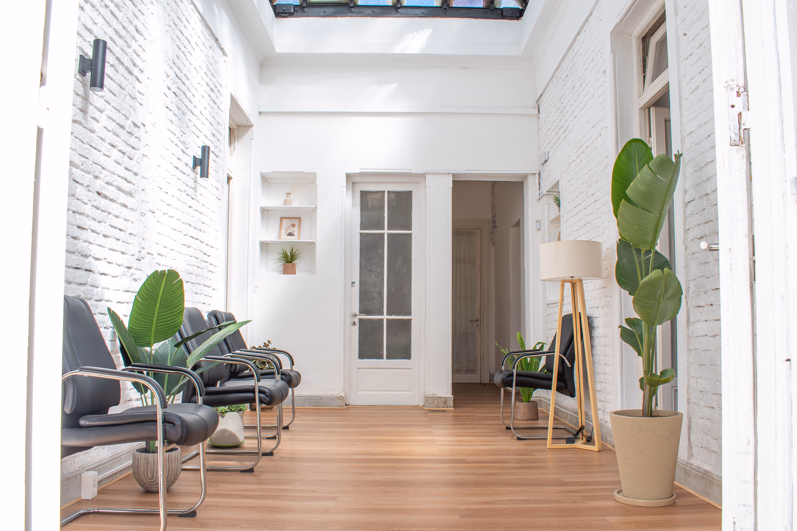 Sala de espera de Espacio Luma: sillones alineados contra una pared de ladrillo pintado de blanco, plantas, piso de madera y una claraboya que ilumina todo el ambiente.